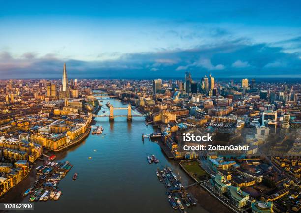 London England Panoramic Aerial Skyline View Of London Including Tower Bridge With Red Doubledecker Bus Tower Of London Skyscrapers Of Bank District Stock Photo - Download Image Now
