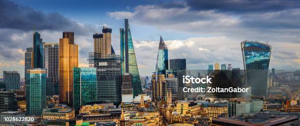 London England Panoramic Skyline View Of Bank And Canary Wharf Londons Leading Financial Districts With Famous Skyscrapers Stock Photo - Download Image Now