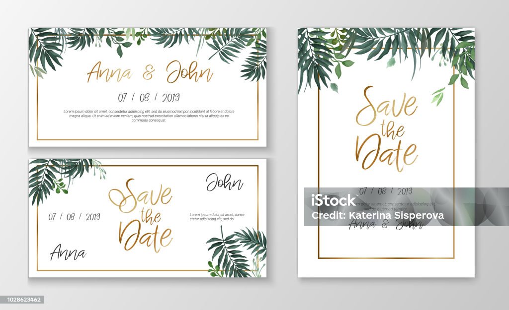 Vektor romantische Hochzeit Einladung Vorlage mit Aquarell Stil Pflanzen und gold Typografie - Lizenzfrei Einladungskarte Vektorgrafik