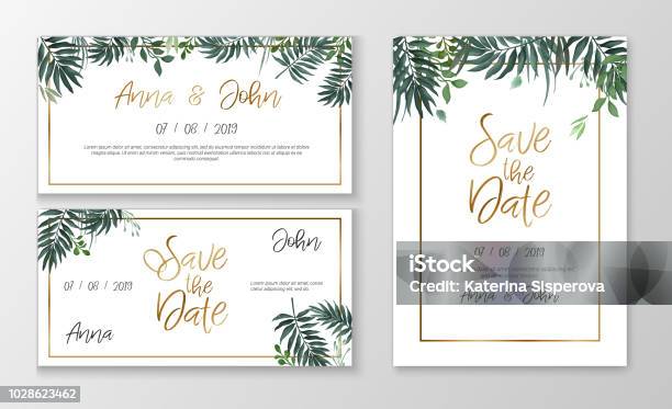 Vektor Romantische Hochzeit Einladung Vorlage Mit Aquarell Stil Pflanzen Und Gold Typografie Stock Vektor Art und mehr Bilder von Einladungskarte