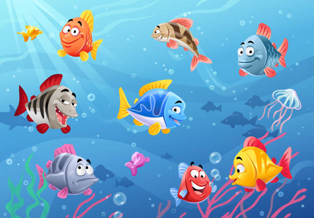 ilustraciones, imágenes clip art, dibujos animados e iconos de stock de vida feliz peces de mar - vertebrate european cuisine seafood saltwater fish