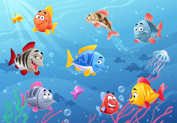 морская жизнь - счастливая рыба - animal cartoon characters cheerful stock illustrations