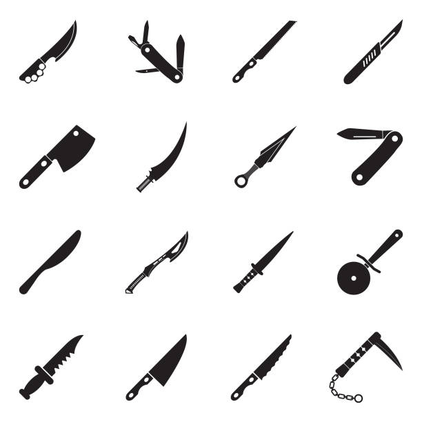 ilustraciones, imágenes clip art, dibujos animados e iconos de stock de iconos de cuchillos. diseño plano negro. ilustración de vector. - penknife