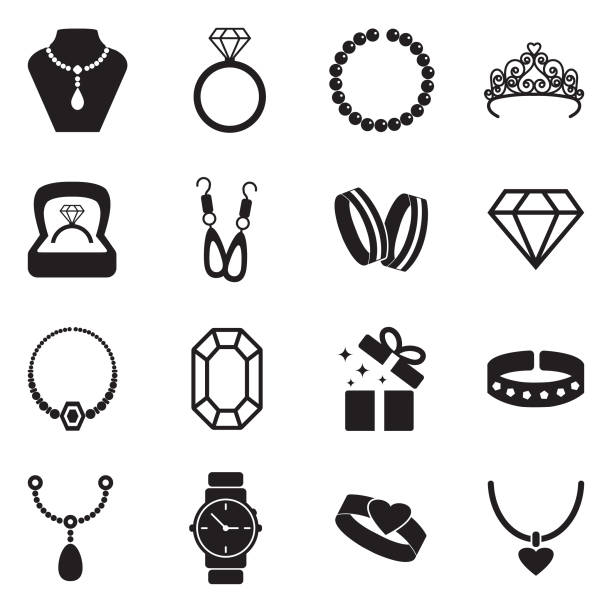 ilustraciones, imágenes clip art, dibujos animados e iconos de stock de iconos de la joyería. diseño plano negro. ilustración de vector. - necklace