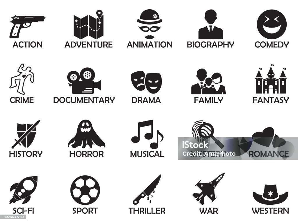 Film Genres Icons. Black Flat Design. Vector Illustration. Different Movie Genres Icon Symbol stock vector