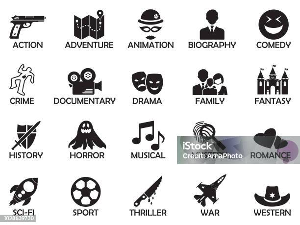 Film Genres Icons Black Flat Design Vector Illustration Stock Illustration - Download Image Now