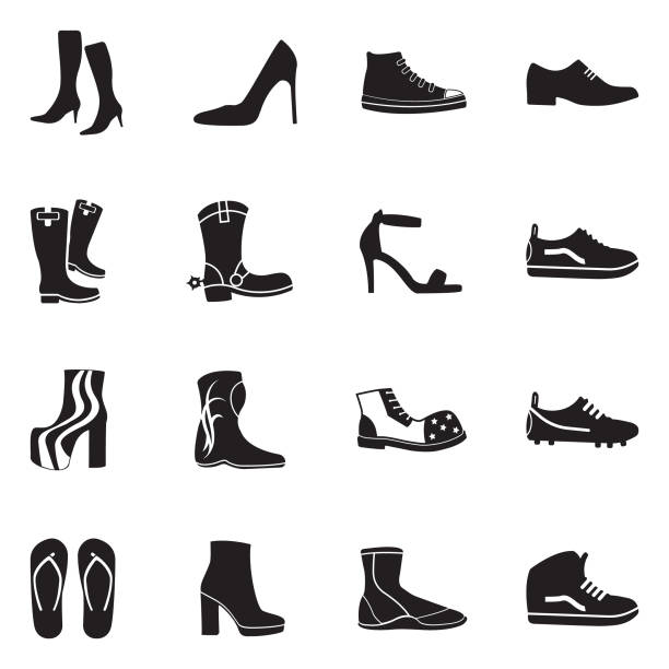 ikony obuwia. czarny płaski design. ilustracja wektorowa. - dance shoes stock illustrations