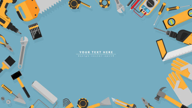 border frame of yellow color tools set as background with blank copy space for your text. vector illustration a part of tools set icons isolated on blue background , flat design border frame of yellow color tools set as background with blank copy space for your text. vector illustration a part of tools set icons isolated on blue background , flat design house borders stock illustrations