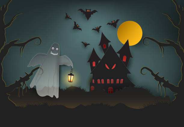 istock Ghost holding the lamp and castle in dark forest, Halloween paper art background 1028644844
