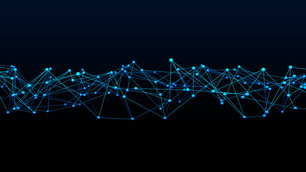 青色のデジタル データとネットワーク接続三角線と球の黒の背景、3 d の抽象的なイラストの技術コンセプト - triangle pattern sphere blue ストックフォトと画像