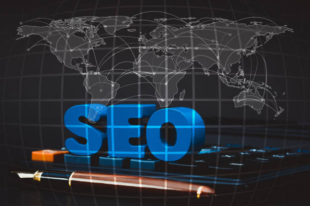 seo text alphabet for search engine optimization concept and office supplies or office work essential tools, world map, global network business banking concept idea, element by nasa. - communication marketing dictionary global communications imagens e fotografias de stock