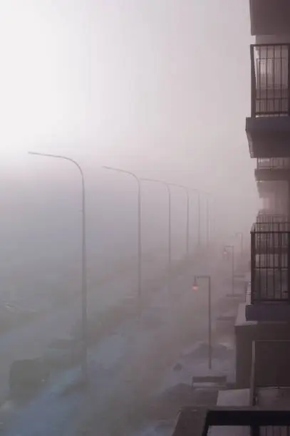 Photo of Fog in the city. Landscape with a street enveloped in thick fog