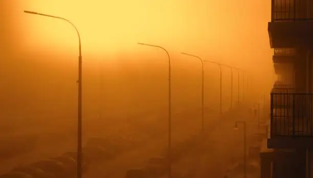 Photo of Fog in the city. Landscape with a street enveloped in thick fog