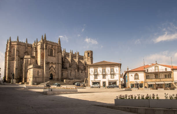 Guarda cathedral, in Portugal, seen of Luís de Camões square, in a sunny morning of summer. stock photo