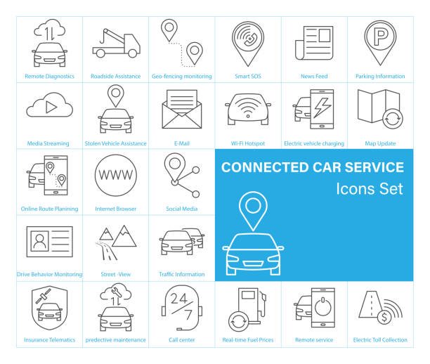 연결된 자동차 서비스 아이콘 세트 - 영업시간 표시 일러스트 stock illustrations