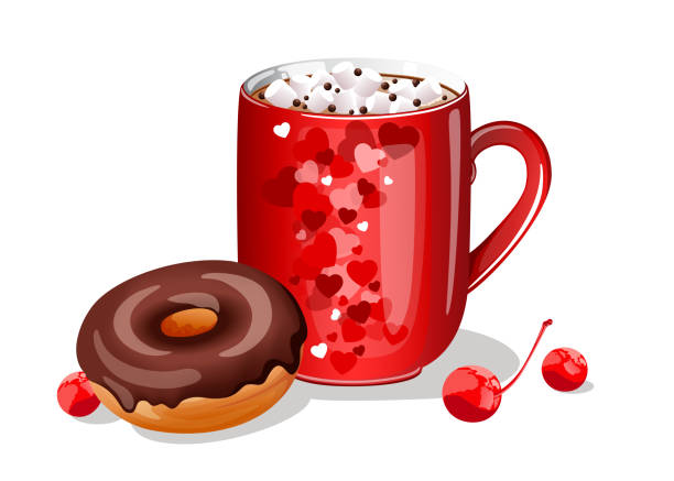 ilustrações de stock, clip art, desenhos animados e ícones de cup of hot chocolate with marshmellow and chocolate donut - christmas winter close up table