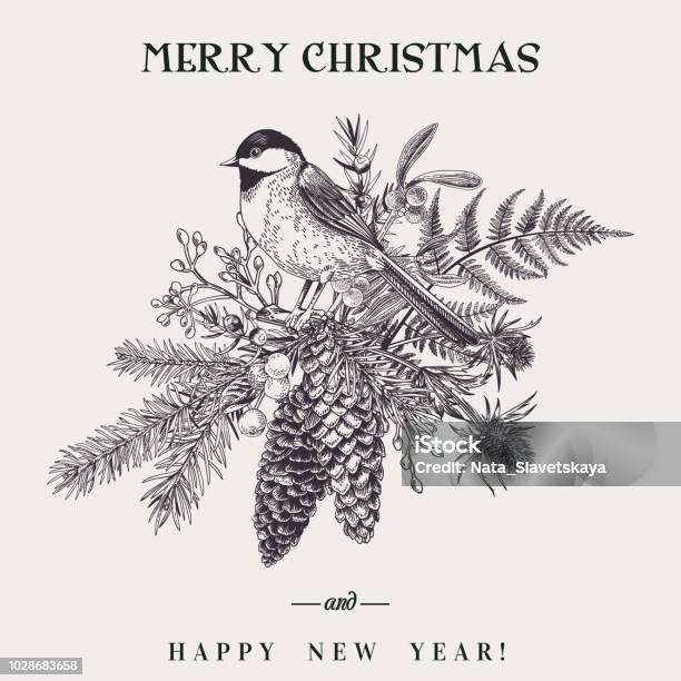 Christmas Bouquet And Bird Stock Illustration - Download Image Now - Christmas, Bird, Engraving