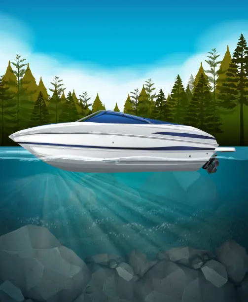 Vector illustration of A speedboat in the lake