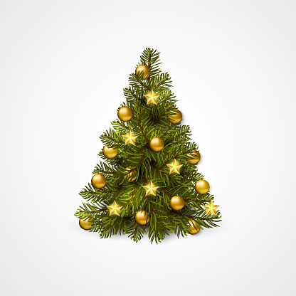 Christmas tree with decoration - balls, garlands. Vector Isolated on white.