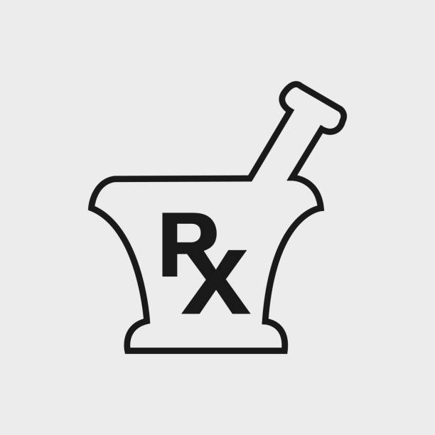 약 학 및 의학 아이콘 라인. 에 회색 배경. - rx symbol computer icon healthcare and medicine stock illustrations