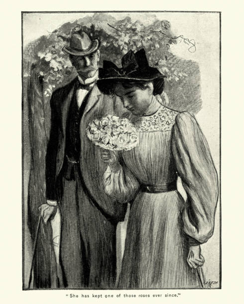 Vintage engraving of Young victorian woman smelling a bunch of flowers, 1890s, 19th Century