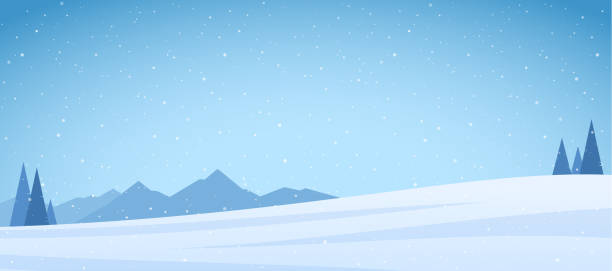 векторная иллюстрация: зимний снежный пейзаж гор с соснами и полем - layered mountain tree pine stock illustrations