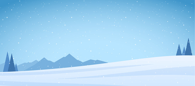 Vector illustration: Winter snowy Mountains landscape with pines and field.