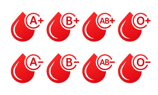 Blood group vector icons isolated on white. Drops of blood with blood type Blood group vector icons isolated on white background. Drops of blood with blood type. Donation blood blood typing stock illustrations