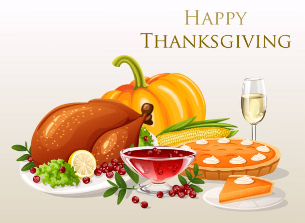 благодарения ужин - thanksgiving dinner plate food stock illustrations