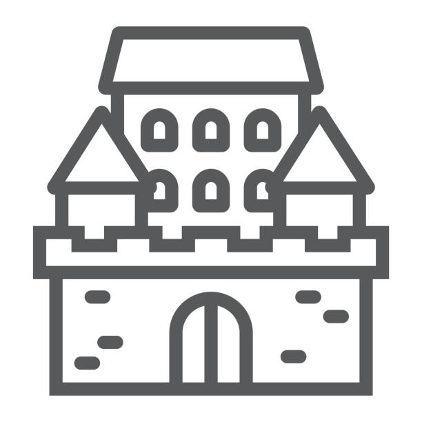 икона линии замка, архитектура и форт, знак дома с привидениями, векторная графика, линейный узор на белом фоне, eps 10. - castle fort gate fantasy stock illustrations