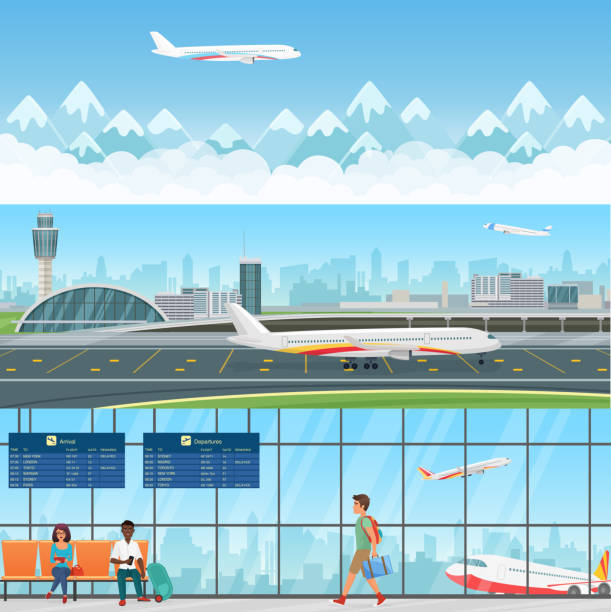 Airport detailed horizontal vector banners templates. Waiting room in terminal with passengers people. Travel concept flying aircraft with mountains in clouds. Airport detailed horizontal vector banners templates. Waiting room in terminal with passengers people. Travel concept flying aircraft with mountains in clouds airport backgrounds stock illustrations