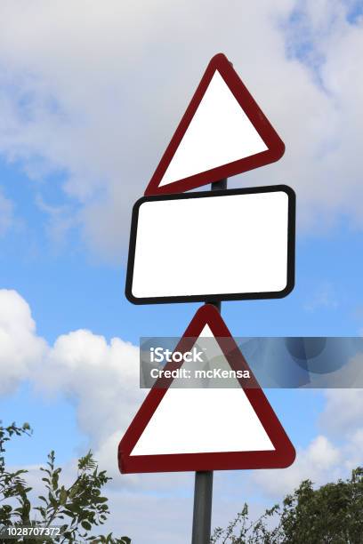 Triangular Business Sign Two Triangular Warning Road Signs And One Rectangular Road Sign Stock ...