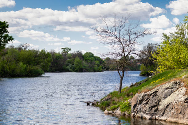 istock green coast of a beautiful small river with white clouds in reflection 1028707442