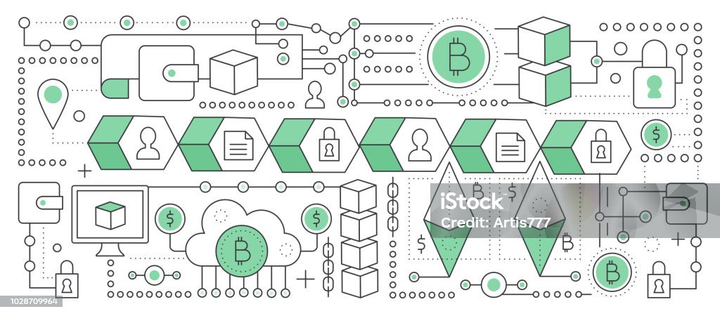 Bitcoin, cryptocurrency and blockchain technology. Blockchain global network transaction chain. Flat line vector illustration. Bitcoin, cryptocurrency and blockchain technology. Blockchain global network transaction chain. Flat line vector illustration Abstract stock vector