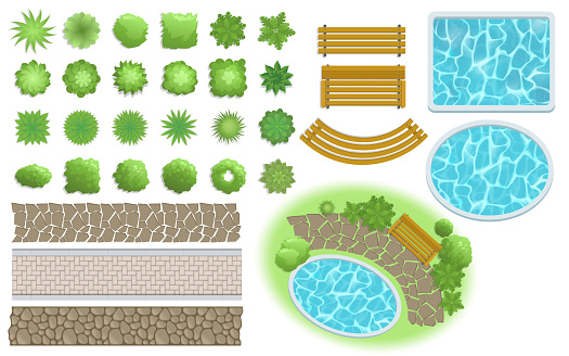 Landscape, garden elements. Landscaping elements vector. Footpath, bench, pool, plants top view. Landscaping symbols set, flat vector illustration. Isolated on white background