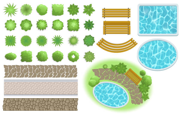 Landscape design and garden elements. Footpath, bench, pool, plants top view. Landscaping symbols set. Flat vector illustration. Isolated on white background. Landscape, garden elements. Landscaping elements vector. Footpath, bench, pool, plants top view. Landscaping symbols set, flat vector illustration. Isolated on white background pond illustrations stock illustrations
