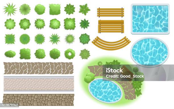 Landscape Design And Garden Elements Footpath Bench Pool Plants Top View Landscaping Symbols Set Flat Vector Illustration Isolated On White Background Stock Illustration - Download Image Now