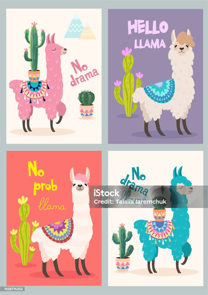 Set of greeting cards with llama. Stylized cartoon llama with ornament design and cactus. Vector poster. Llama - Animal stock vector