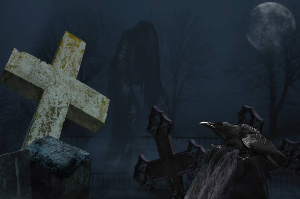 istock Ghost with crow in the cemetery 1028717824