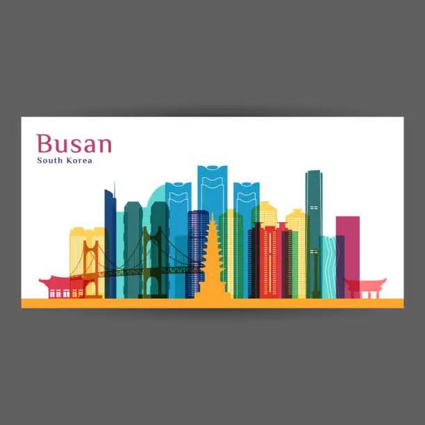 Vector illustration of Busan city architecture silhouette. Colorful skyline. City flat design. Vector business card.