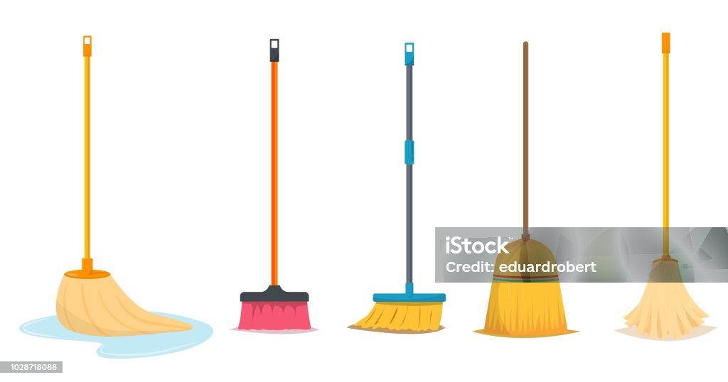 Mop Et Balai Pour Un Nettoyage Vecteurs libres de droits et plus d'images vectorielles de Balai - Balai, Balai à franges, Illustration - iStock