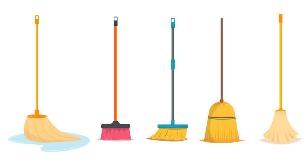 stockillustraties, clipart, cartoons en iconen met mop en bezem voor reinigen - bezem