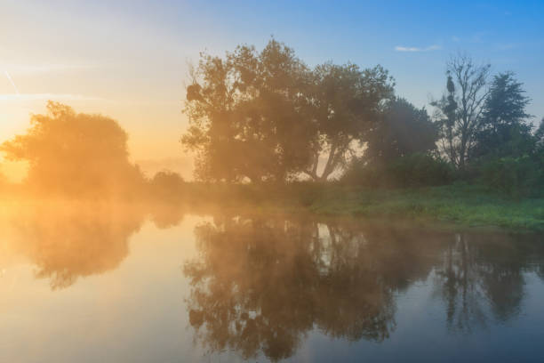 istock Fog over river surface in orange sunrise. River landscape in summer morning 1028724238