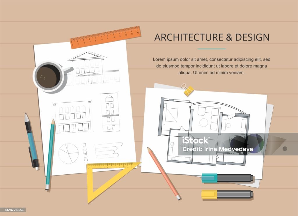Simple Workhouse Drawing Workplace Construction Project Architect House Plan With Tools And ...
