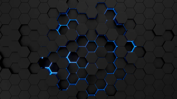 fondo tecnológico hexagonal con luz de neon azul - hexagon tile pattern black fotografías e imágenes de stock