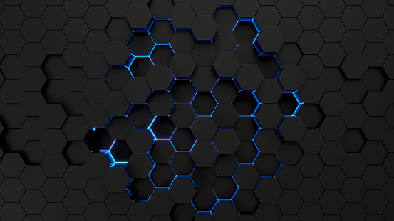 Abstract technological hexagonal neon background. 3d rendering