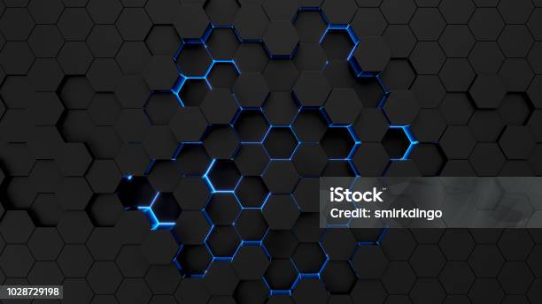 Technological Hexagonal Background With Blue Neon Illumination Stock Photo - Download Image Now