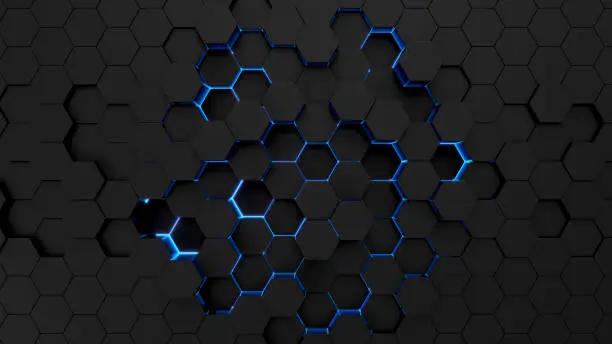 Abstract technological hexagonal neon background. 3d rendering