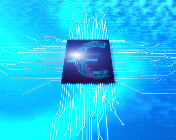 istock E-finance technology, data network core, circuit board and currency symbols,euro 1028733110