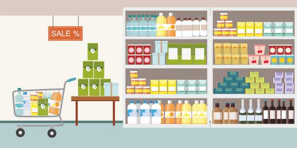 Supermarket interior with commodity product on shelf and shopping cart Supermarket interior with commodity product on shelf and shopping cart. Vector Illustration supermarket illustrations stock illustrations